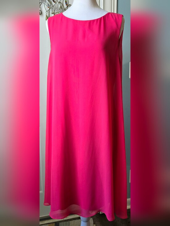 Melrose Chic Dresses & Skirts - Melrose Sheer Overlay Swing Mini Shift Dress Womens 8 Bright Pink Sleeveless Flo